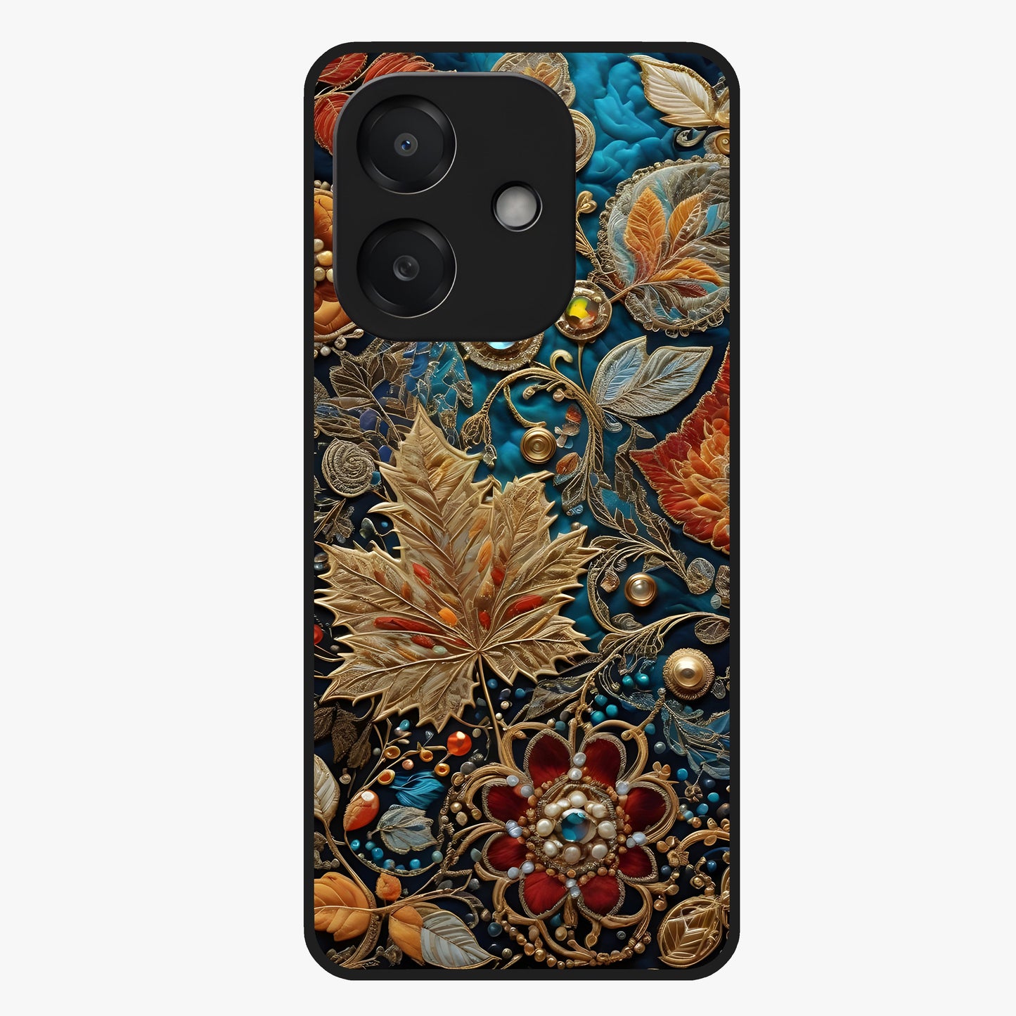 Royal Jewel Garden Glass Case showing flat back view with decorative floral garden artwork and glossy glass finish.
