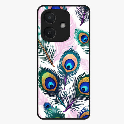 Royal Peacock Feathers Glass Case showing flat back view with colorful peacock feather artwork and glossy glass finish.