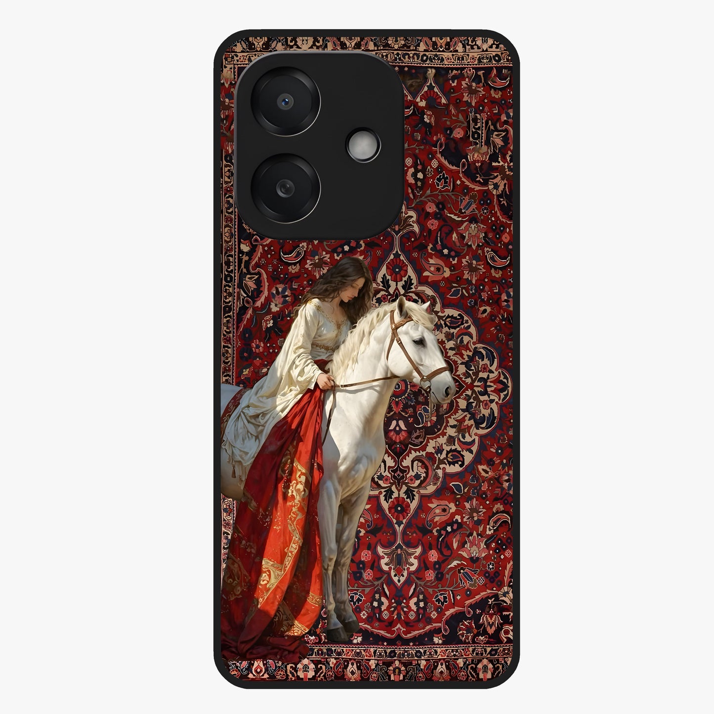 Royal Rider Tapestry Glass Case showing flat back view with majestic horse rider tapestry artwork and glossy glass finish.