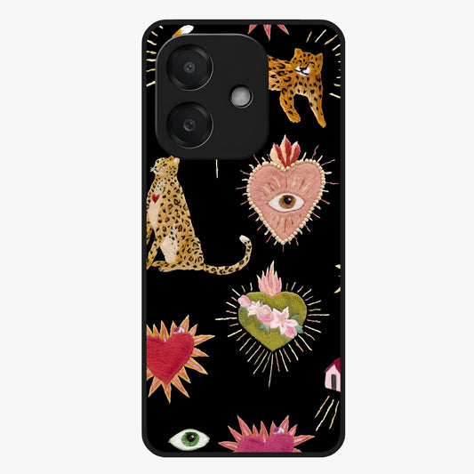 Sacred Jungle Heart Glass Case showing flat back view with jungle inspired heart artwork and glossy glass finish.