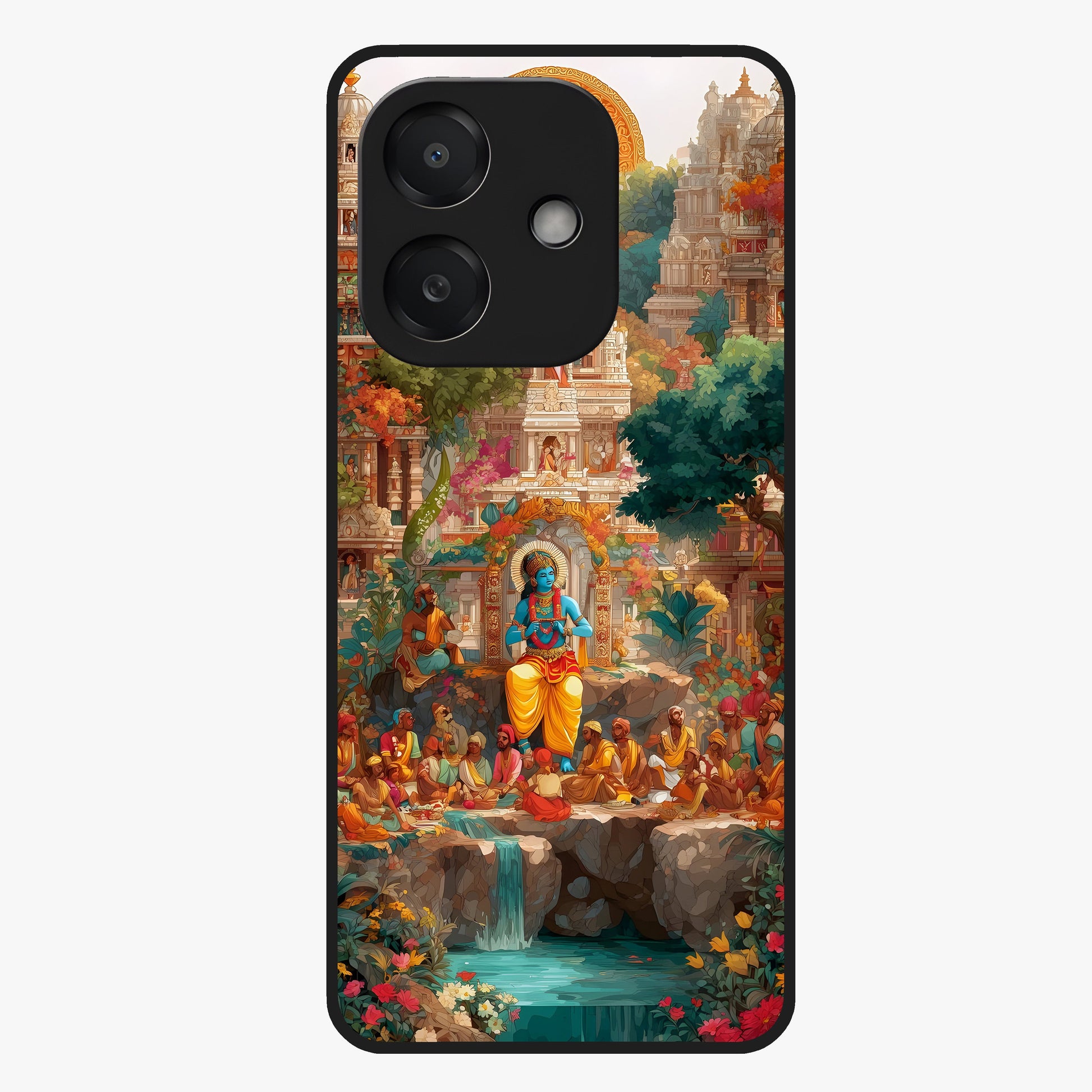 Sacred Sunlight Gods Glass Case showing flat back view with divine sunlight themed artwork and glossy glass finish.