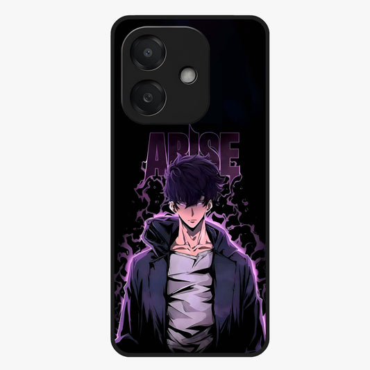 Shadow Monarch Awakening Glass Case showing flat back view with powerful dark monarch themed artwork and glossy glass finish.