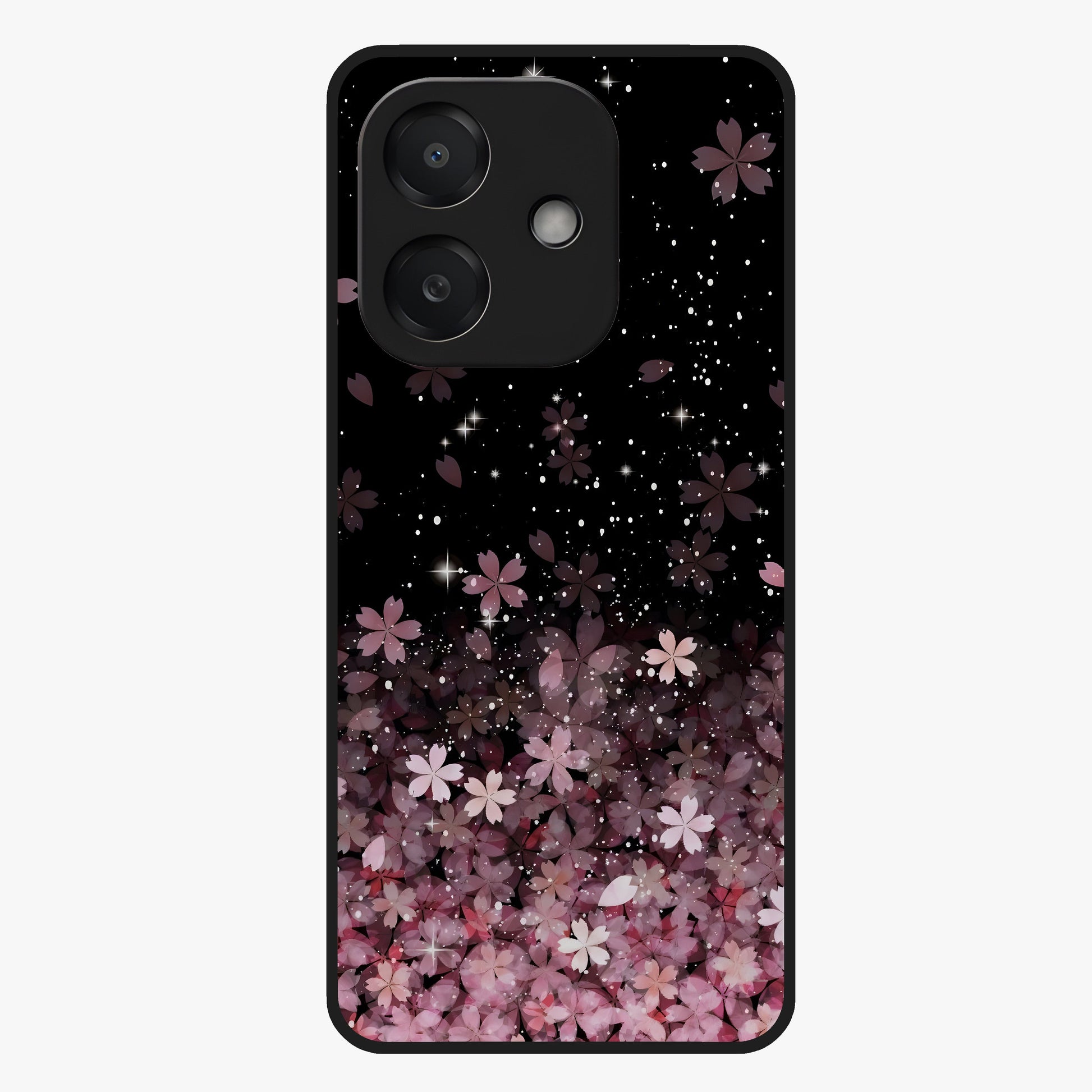 Small Starry Flowers Glass Case showing flat back view with delicate starry floral artwork and glossy glass finish.