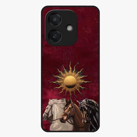 Solar Riders Glass Case showing flat back view with dynamic rider themed artwork and glossy glass finish.