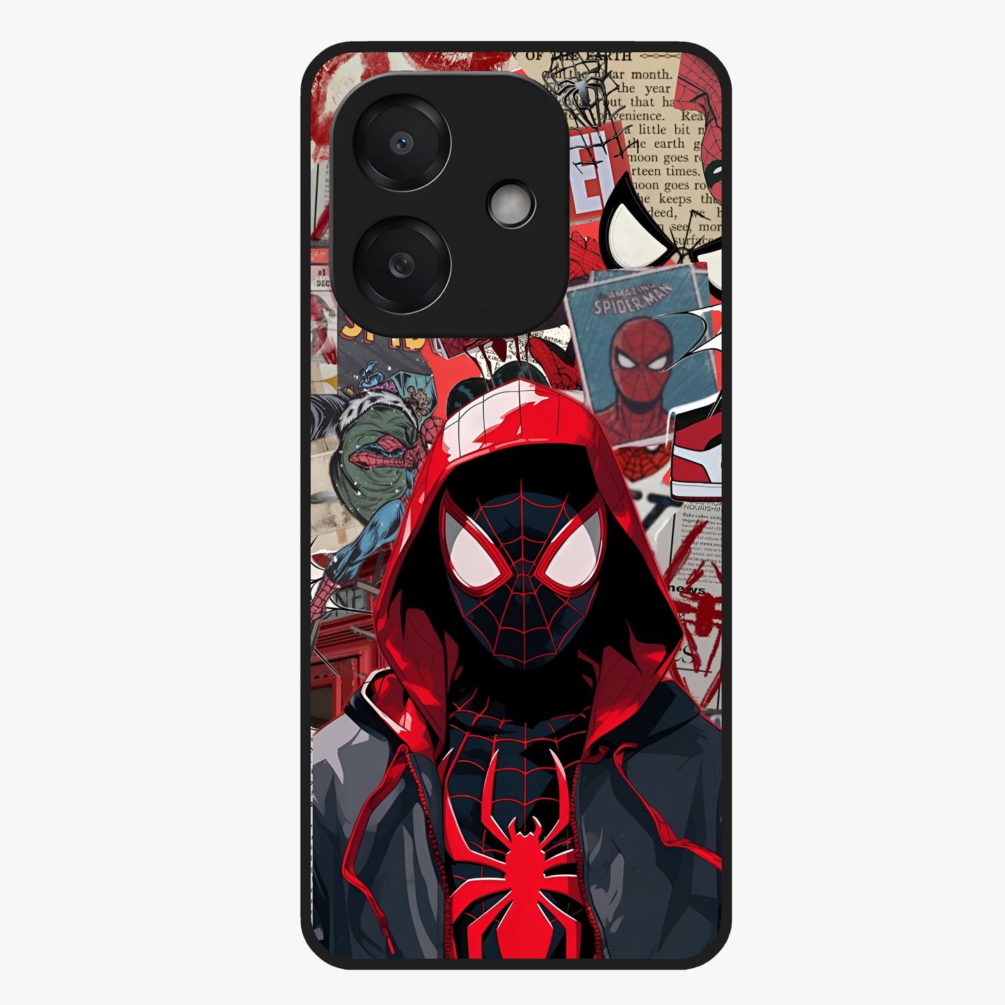 Spider Collage Street Glass Case showing flat back view with vibrant superhero collage artwork and glossy glass finish.