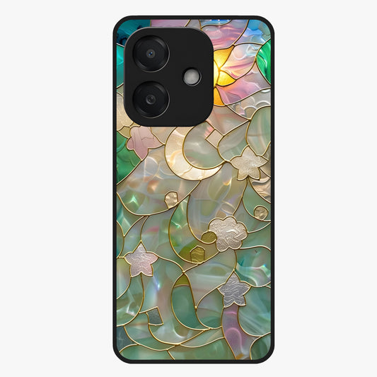 Stained Sunrise Glow Glass Case showing flat back view with glowing sunrise stained pattern artwork and glossy glass finish.