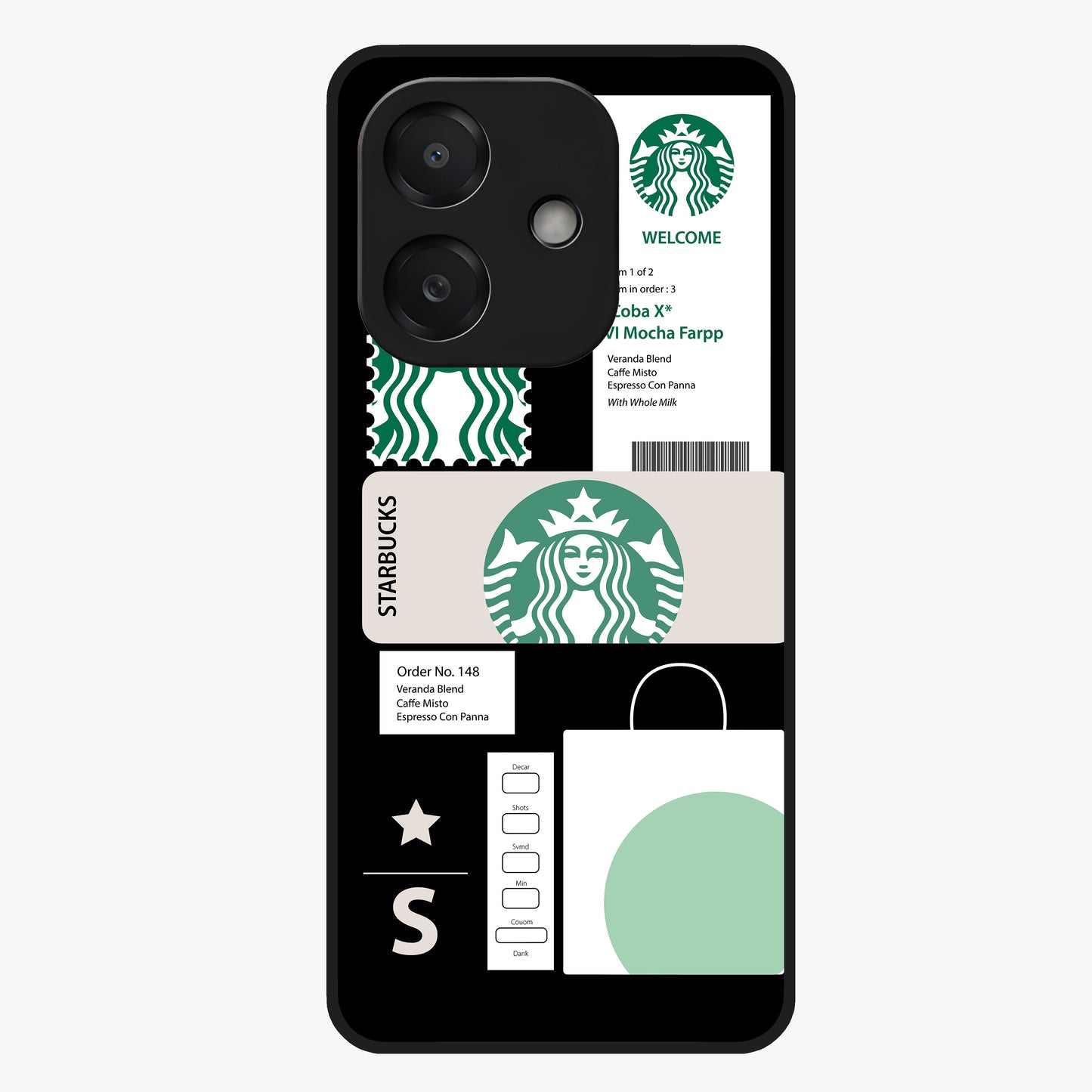 Starbucks Mocha Glass Case showing flat back view with coffee inspired artwork and glossy glass finish.