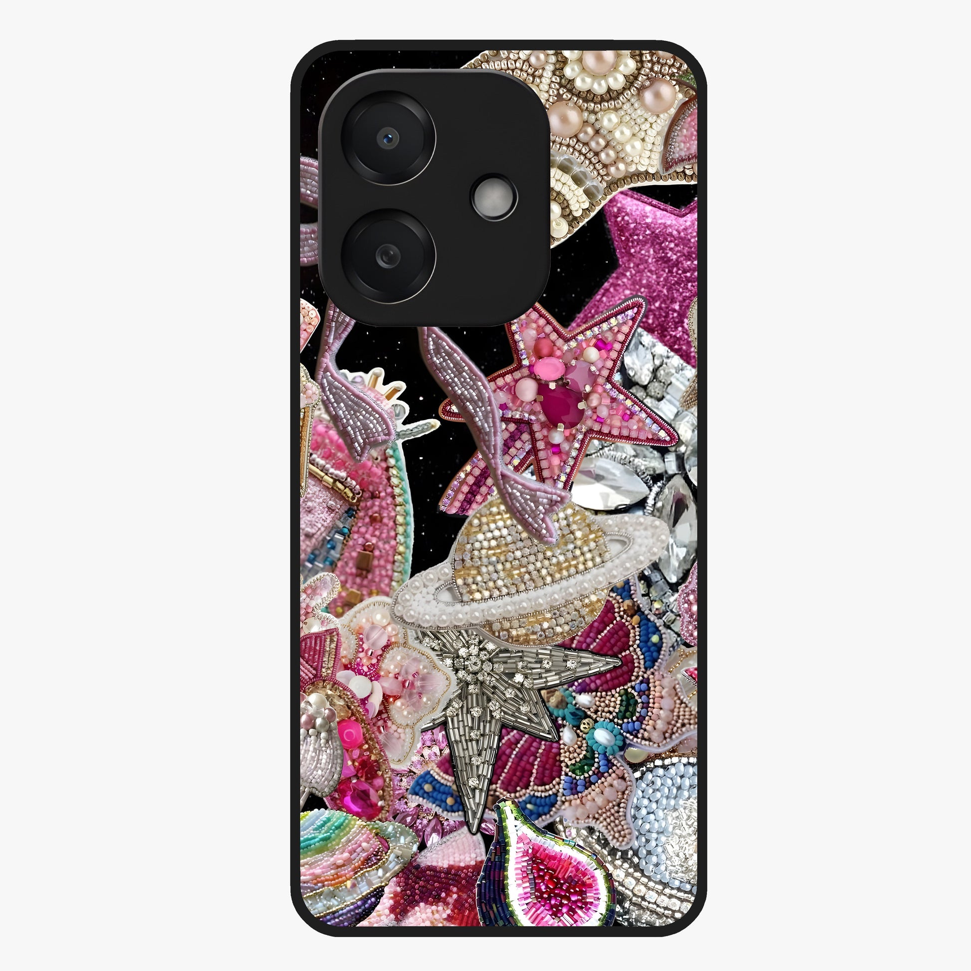 Starlit Jewel Dream Glass Case showing flat back view with sparkling jewel and star themed artwork and glossy glass finish.