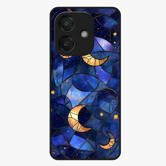 Starlit Sky Tapestry Glass Case showing flat back view with decorative starry sky tapestry artwork and glossy glass finish.