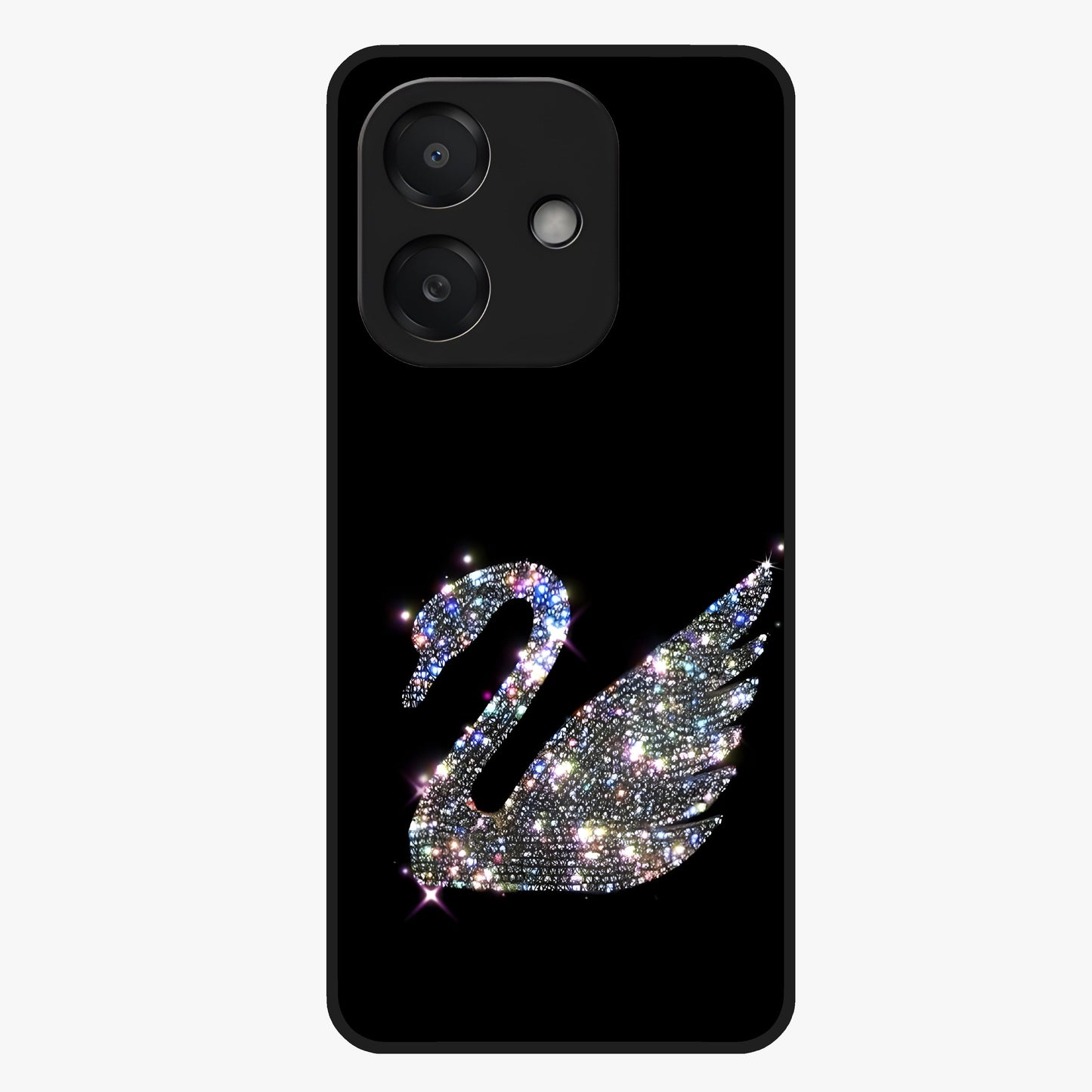 Starlit Swan Grace Glass Case showing flat back view with graceful swan artwork under starry sky and glossy glass finish.