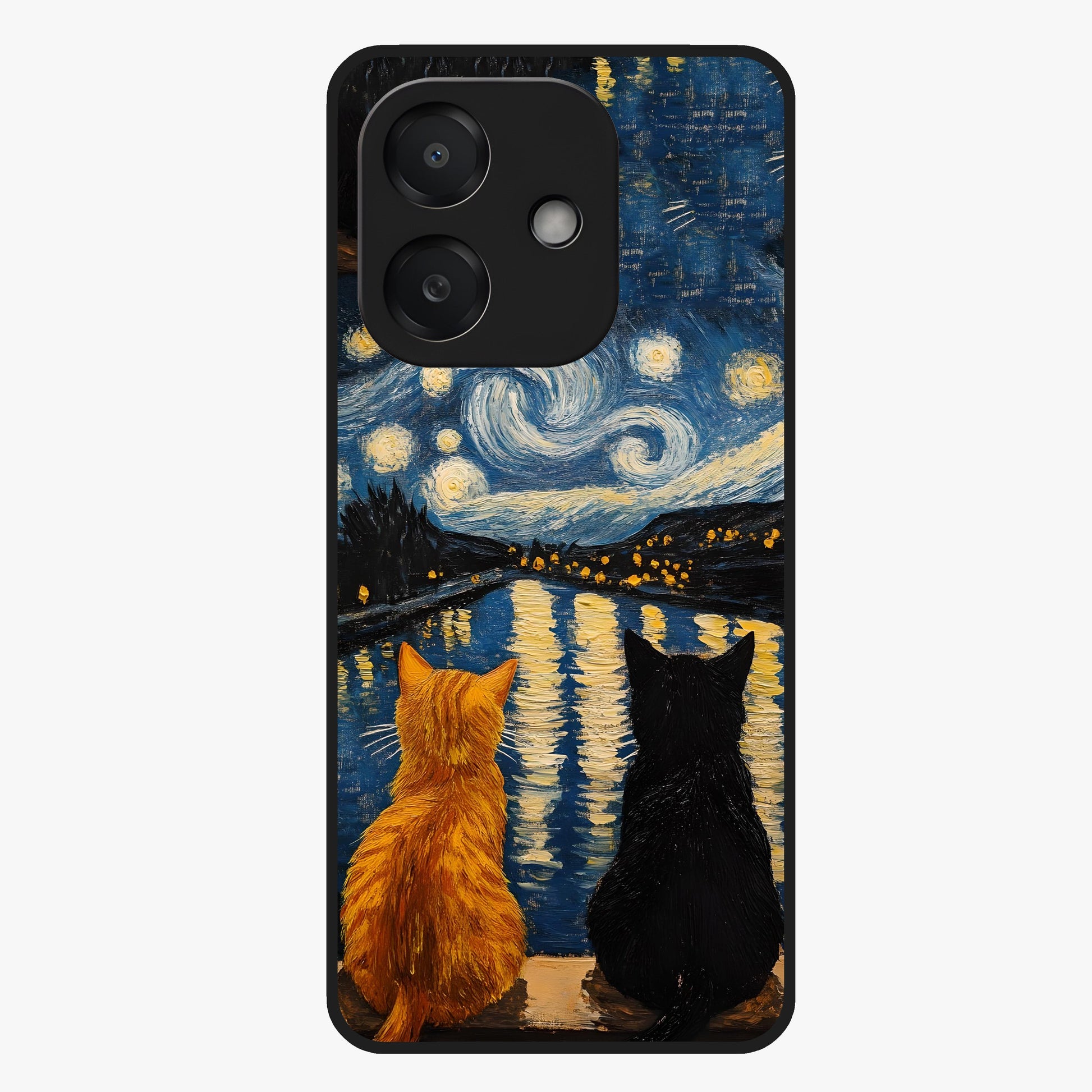 Starry River Cats Glass Case showing flat back view with cats by a starry river artwork and glossy glass finish.