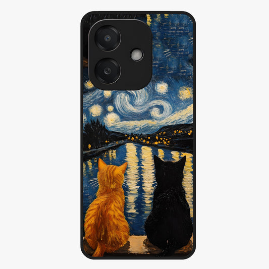 Starry River Cats Glass Case showing flat back view with cats by a starry river artwork and glossy glass finish.