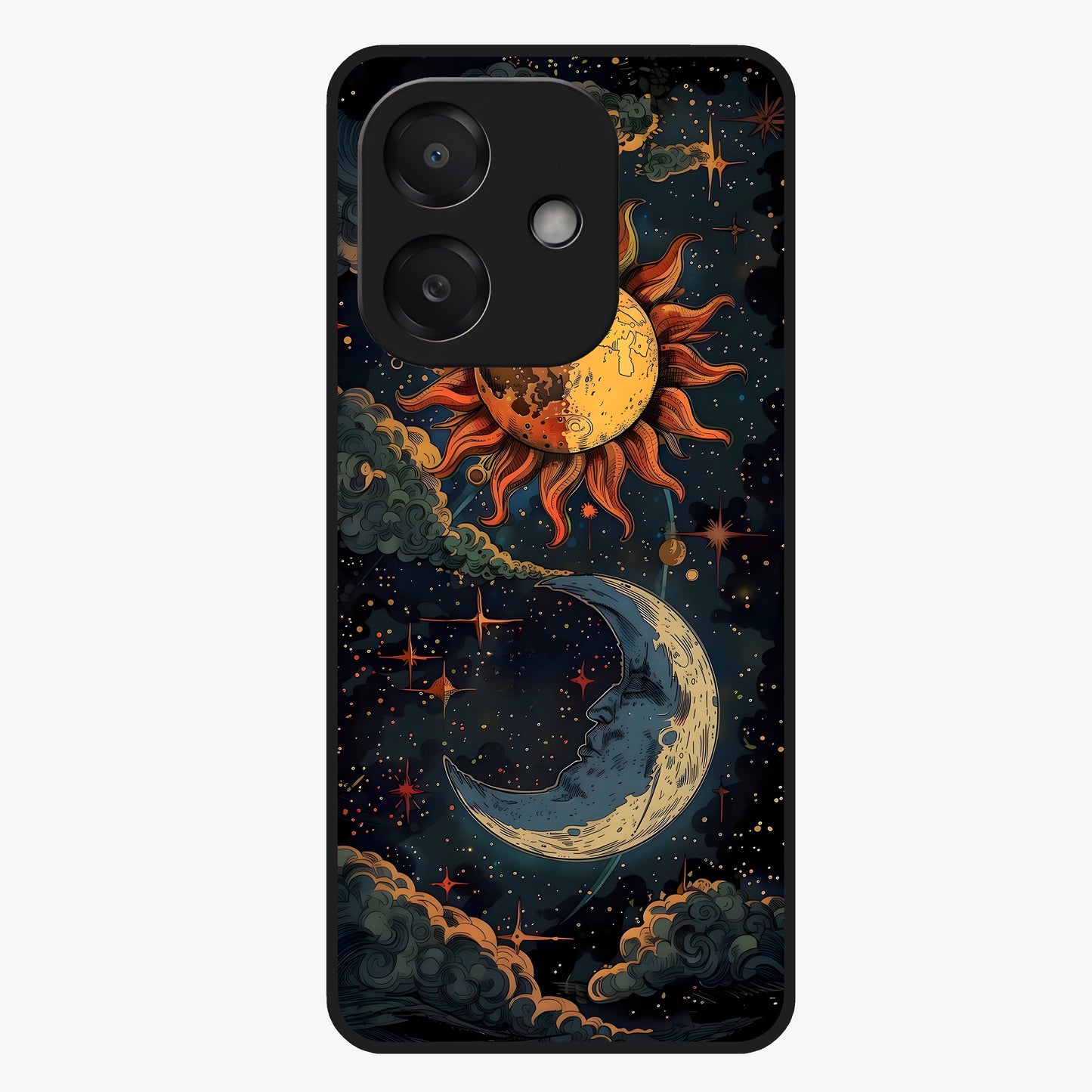 Sun And Moon Magic Design Glass Case showing flat back view with mystical sun and moon artwork and glossy glass finish.