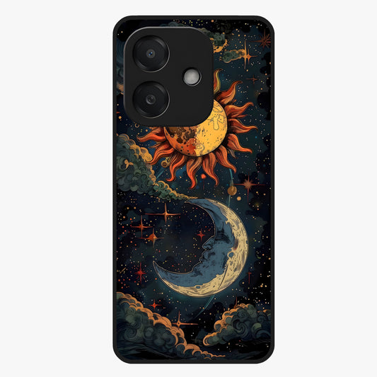 Sun And Moon Magic Design Glass Case showing flat back view with mystical sun and moon artwork and glossy glass finish.