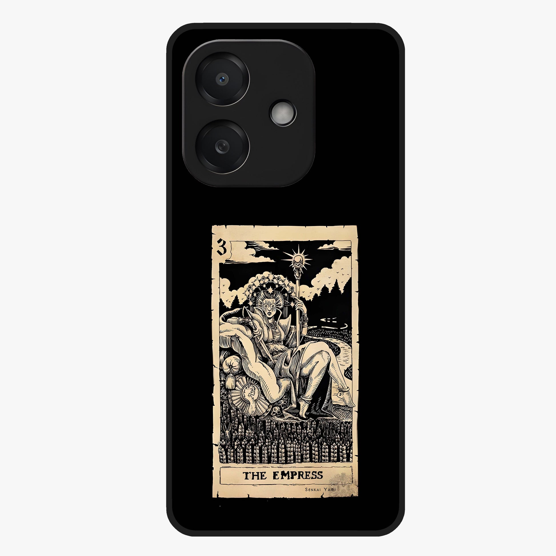 The Empress Glass Case showing flat back view with regal feminine artwork and glossy glass finish.