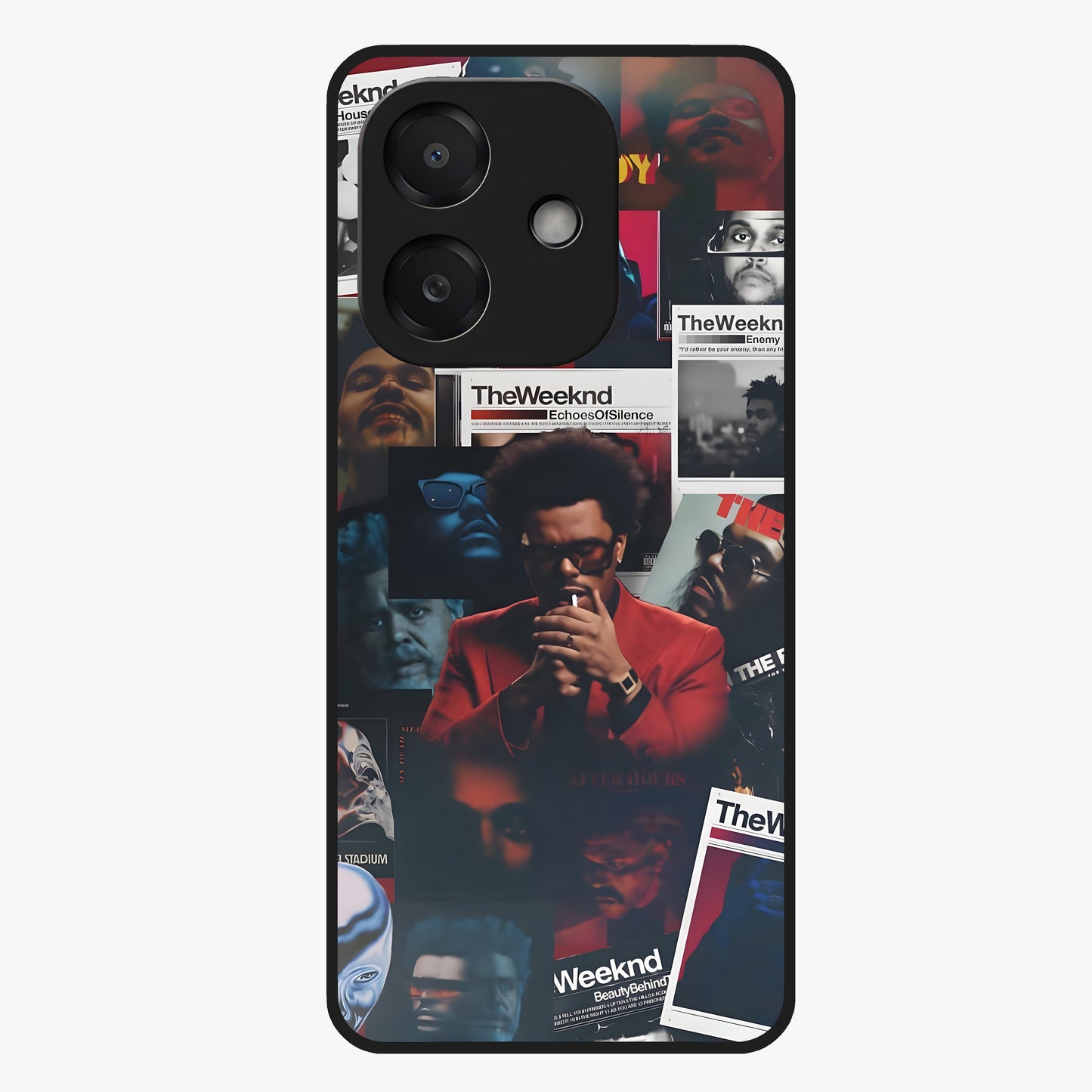 The Weeknd Glass Case showing flat back view with music inspired artistic portrait artwork and glossy glass finish.