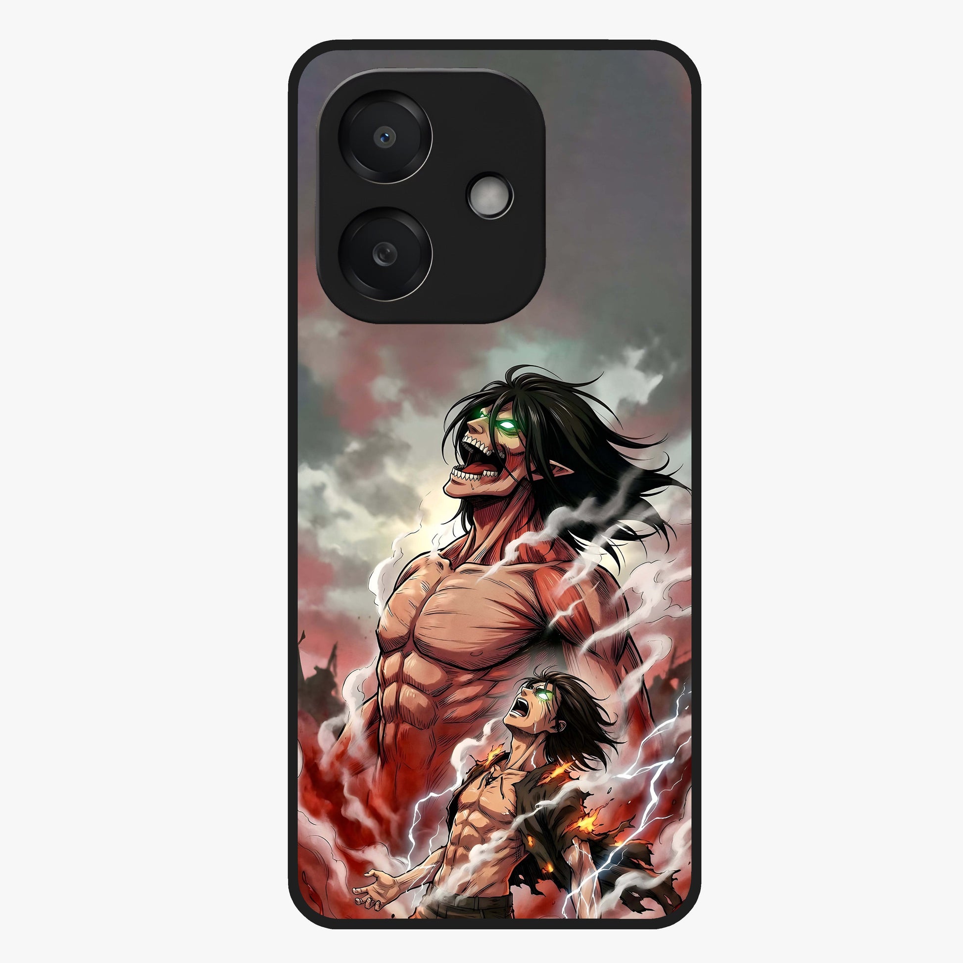 Titan Awakening Fury Glass Case showing flat back view with powerful titan inspired artwork and glossy glass finish.