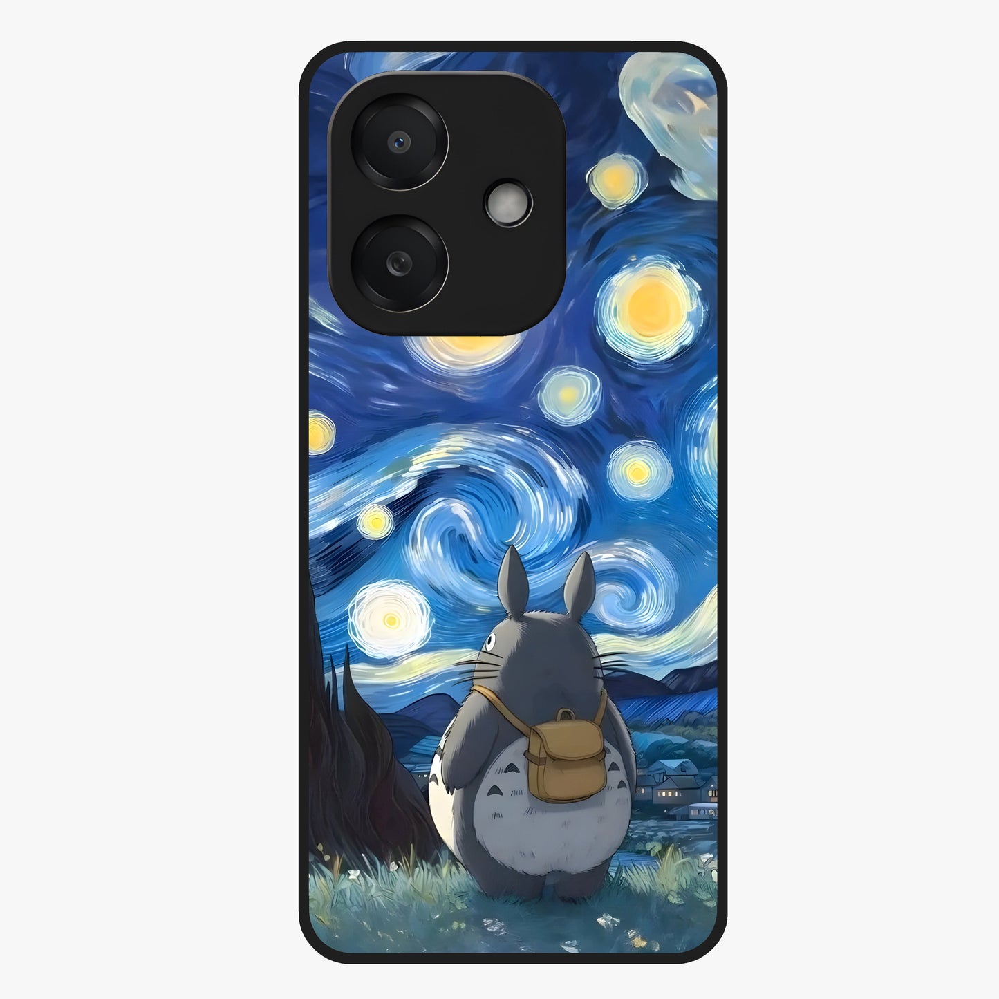 Totoro In Van Gogh Art Glass Case showing flat back view with whimsical character artwork inspired by Van Gogh style and glossy glass finish.