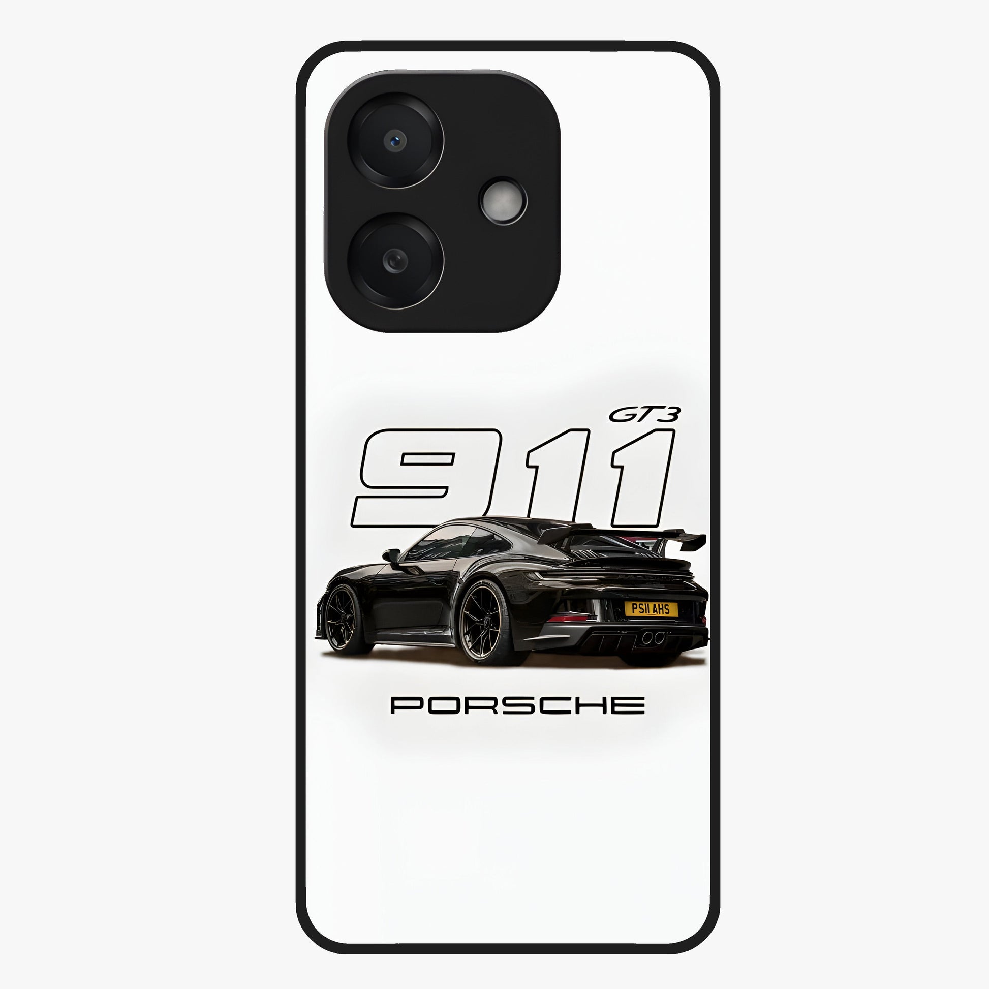 Turbo Legacy Icon Glass Case showing flat back view with iconic sports car inspired artwork and glossy glass finish.