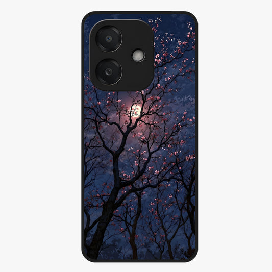 Twilight Sakura Serenade Glass Case showing flat back view with cherry blossom artwork at twilight and glossy glass finish.