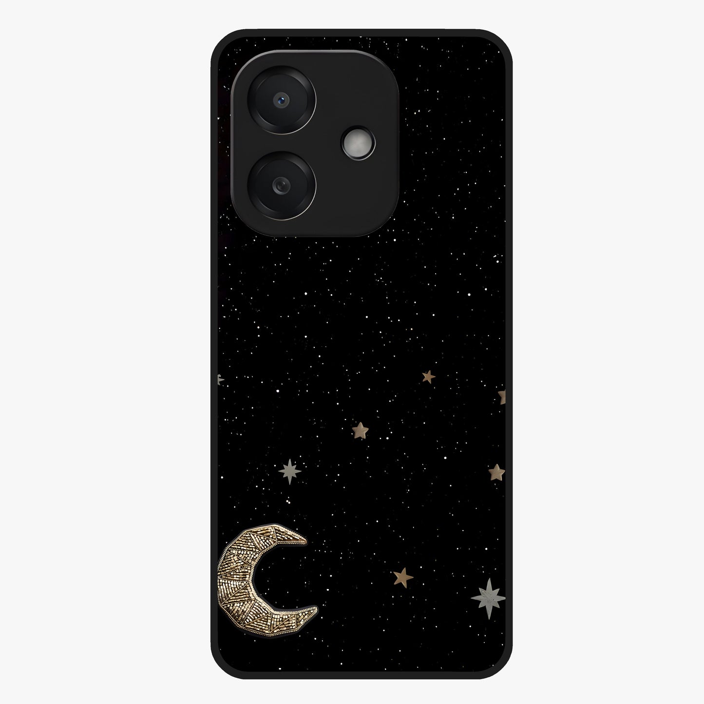 Twinkle Star With Half Moon Glass Case showing flat back view with star and half moon artwork and glossy glass finish.