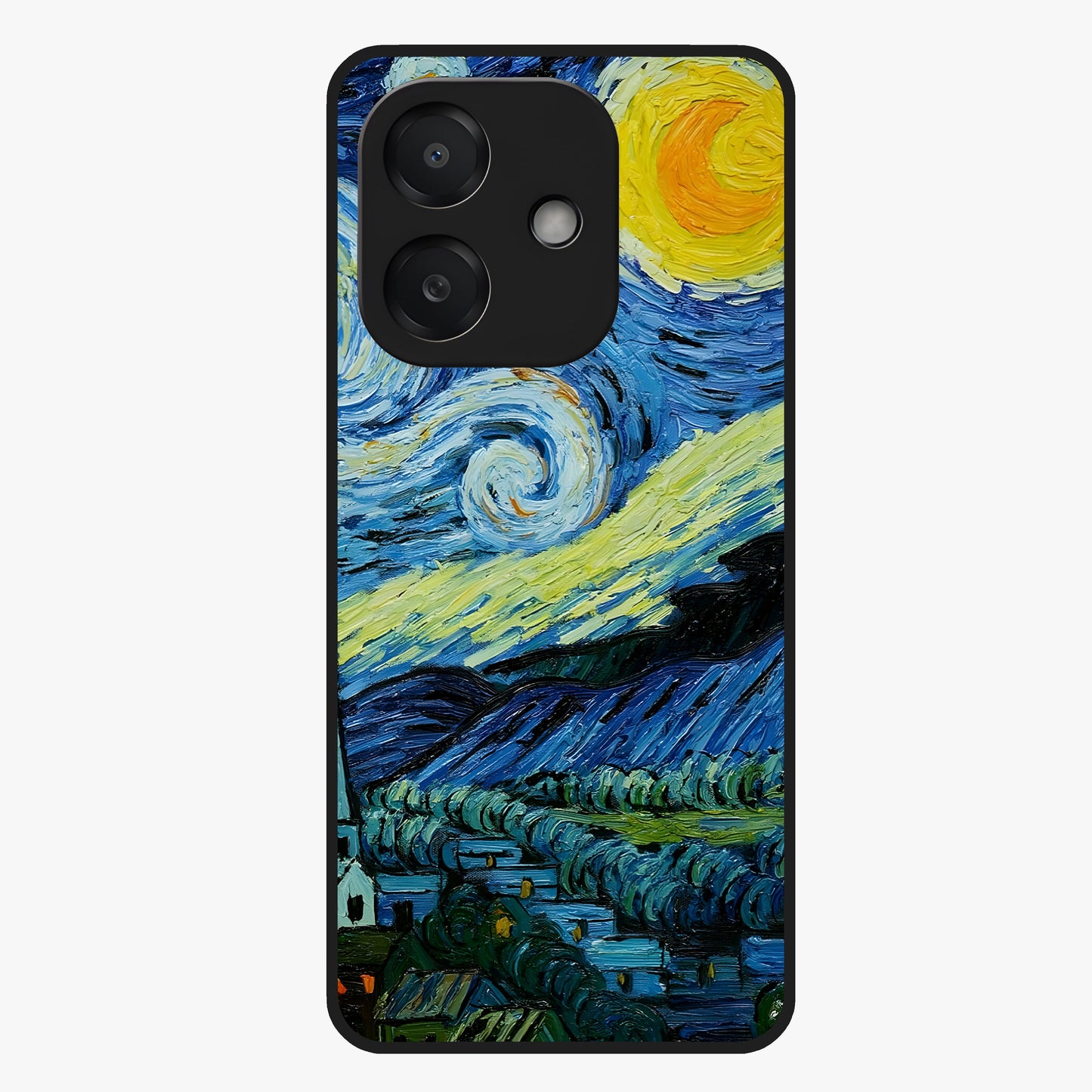 Van Gogh Art Glass Case showing flat back view with classic painterly artwork inspired by Van Gogh style and glossy glass finish.