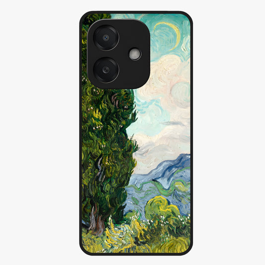 Van Gogh Vintage Art Glass Case showing flat back view with vintage painterly artwork inspired by Van Gogh style and glossy glass finish.