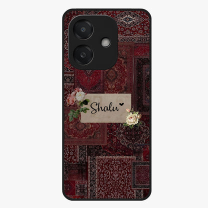 Velvet Wine Pattern Custom Name Glass Case showing flat back view with elegant wine colored pattern artwork and personalized name design.
