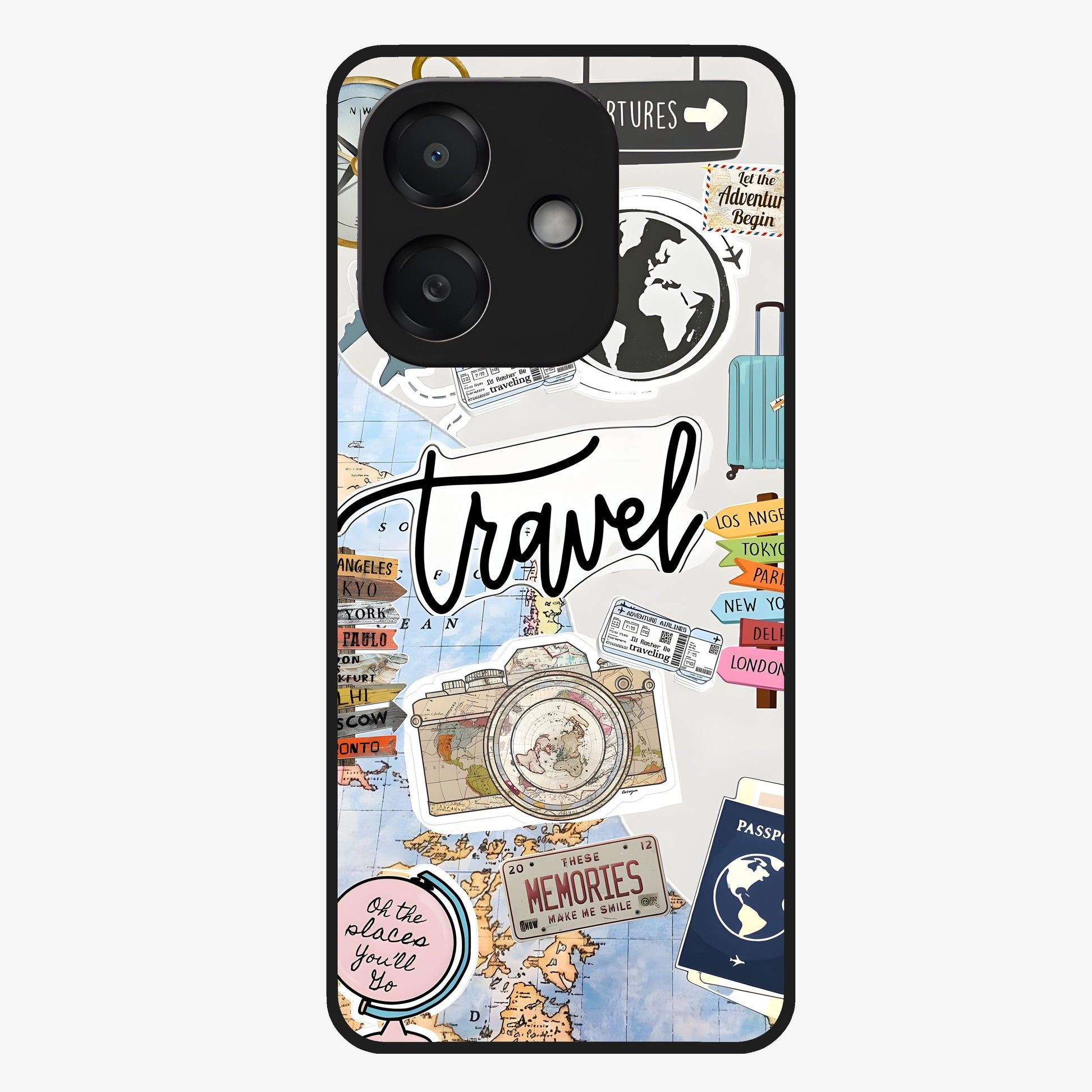 Wanderlust Journal Glass Case showing flat back view with travel inspired artwork and glossy glass finish.
