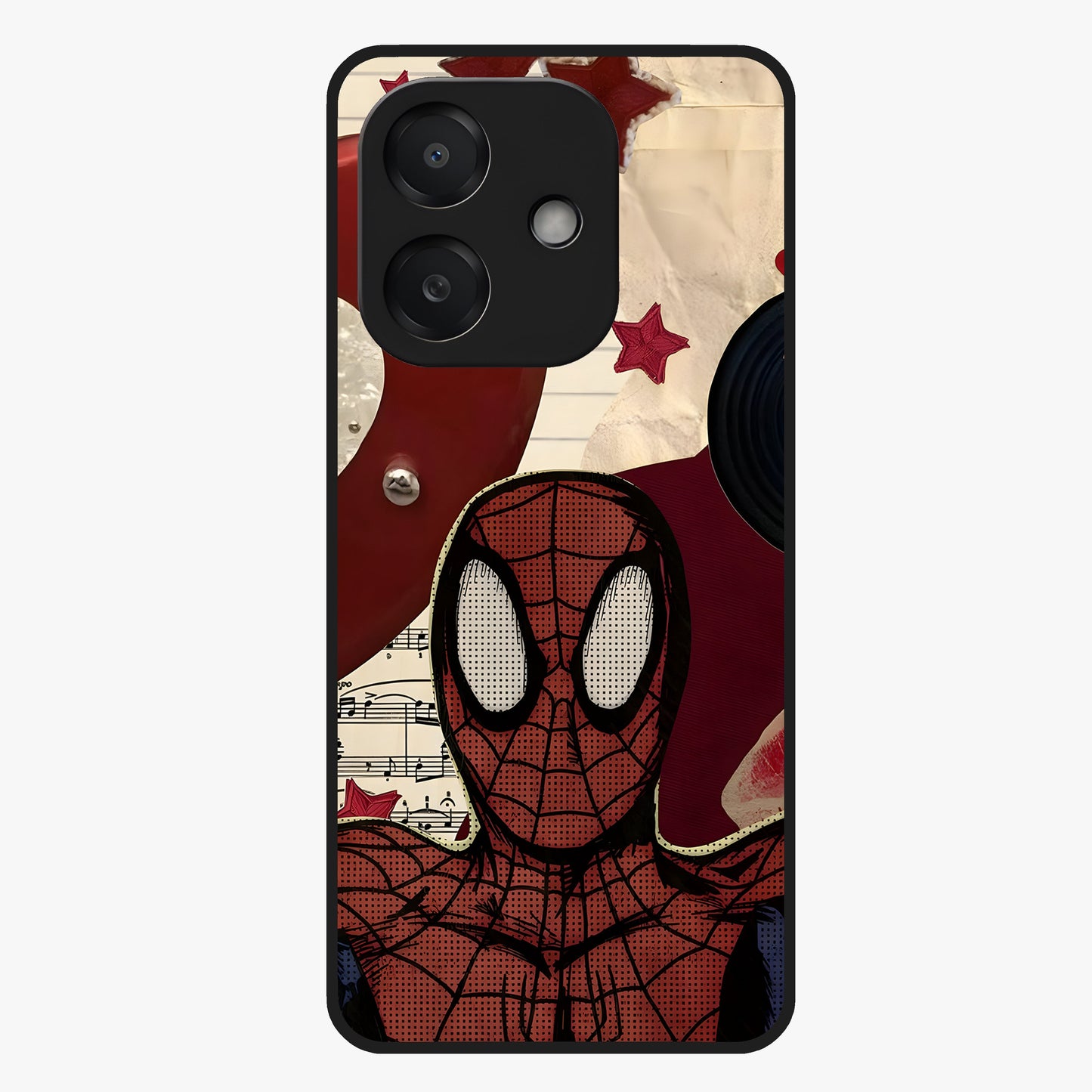 Web Warrior Vibes Glass Case showing flat back view with superhero inspired web themed artwork and glossy glass finish.