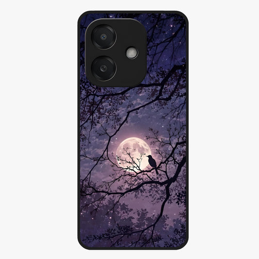 Whispering Moon Silence Glass Case showing flat back view with serene moon themed artwork and glossy glass finish.