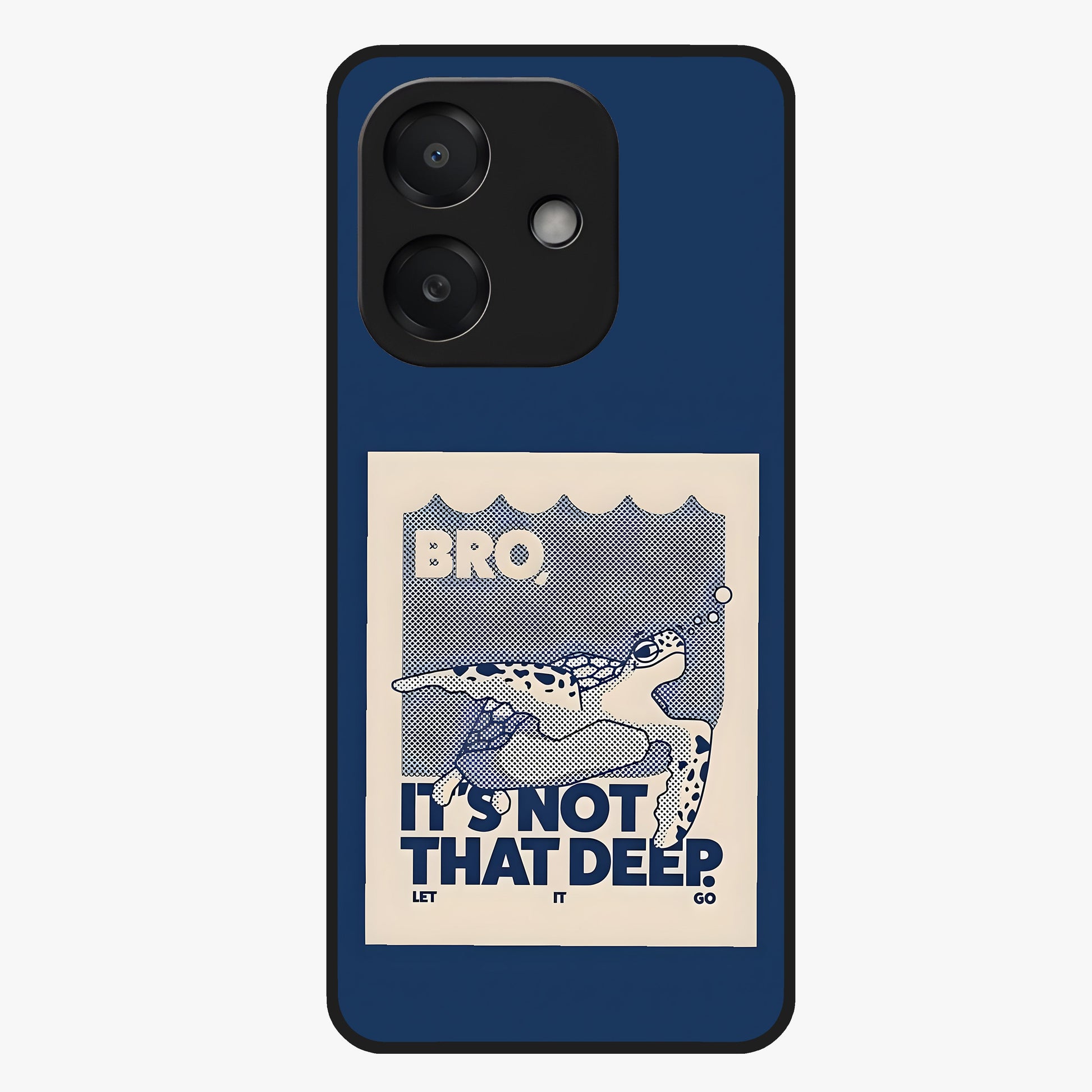 Worry Less Swim Glass Case showing flat back view with playful motivational artwork and glossy glass finish.