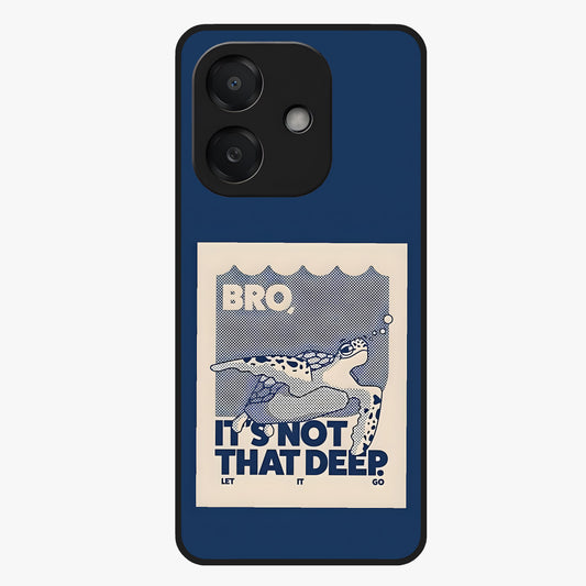 Worry Less Swim Glass Case showing flat back view with playful motivational artwork and glossy glass finish.