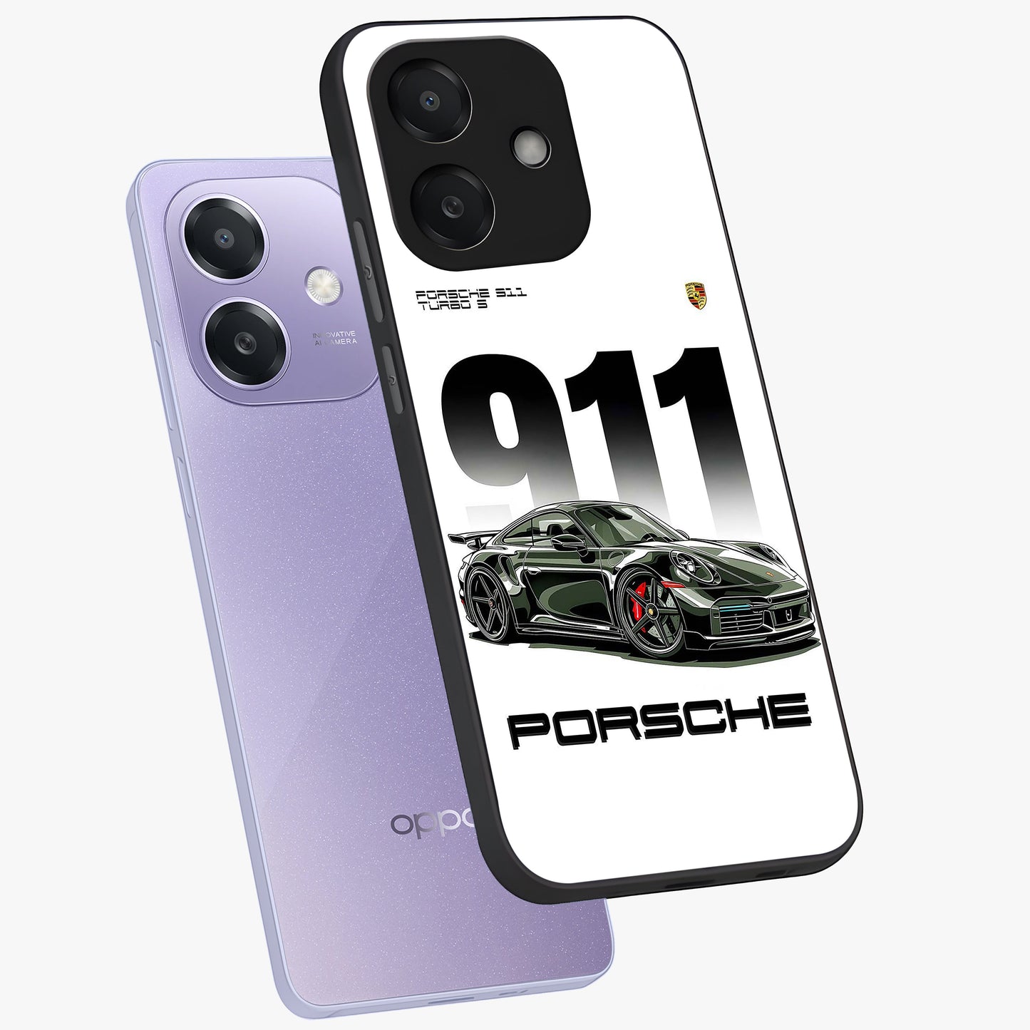 911 Turbo Dominance Glass Case displayed in premium angled mockup highlighting sporty car illustration and sleek glass surface.