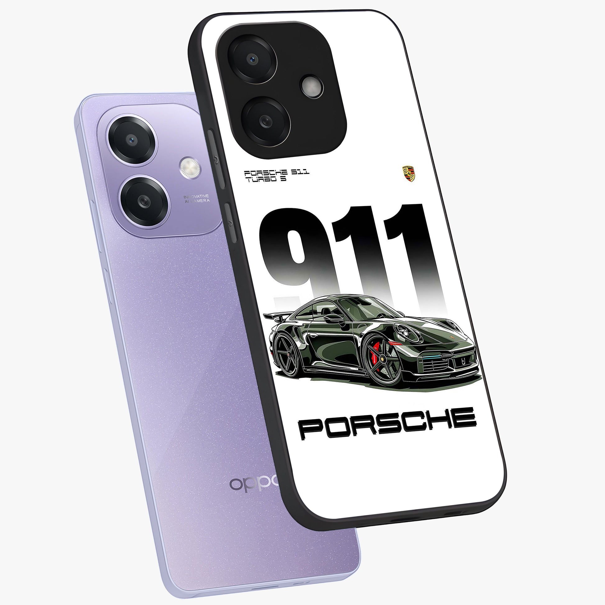 911 Turbo Dominance Glass Case displayed in premium angled mockup highlighting sporty car illustration and sleek glass surface.