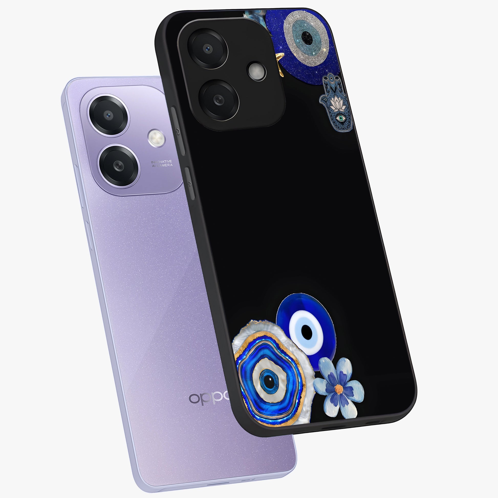 Aesthetic Blue Evil Eye Glass Case displayed in angled mockup highlighting blue evil eye symbol and spiritual aesthetic design.