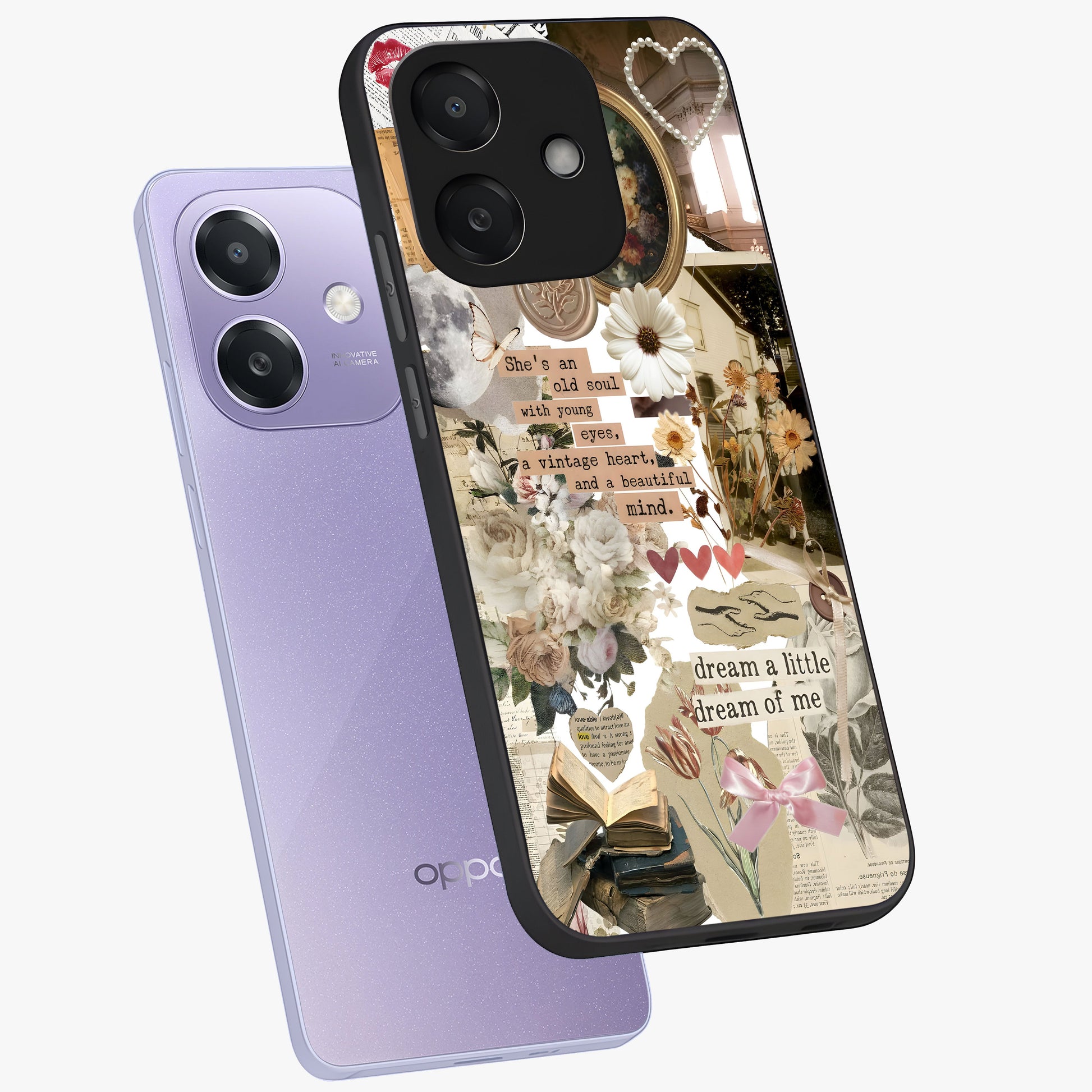 Aesthetic Brown Vintage Collage Glass Case displayed in angled mockup highlighting vintage aesthetic collage design.
