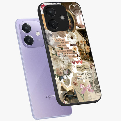 Aesthetic Brown Vintage Collage Glass Case displayed in angled mockup highlighting vintage aesthetic collage design.