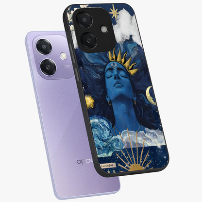 Aesthetic Lord Shiva Glass Case displayed in angled mockup highlighting spiritual Shiva illustration and sacred aesthetic design.