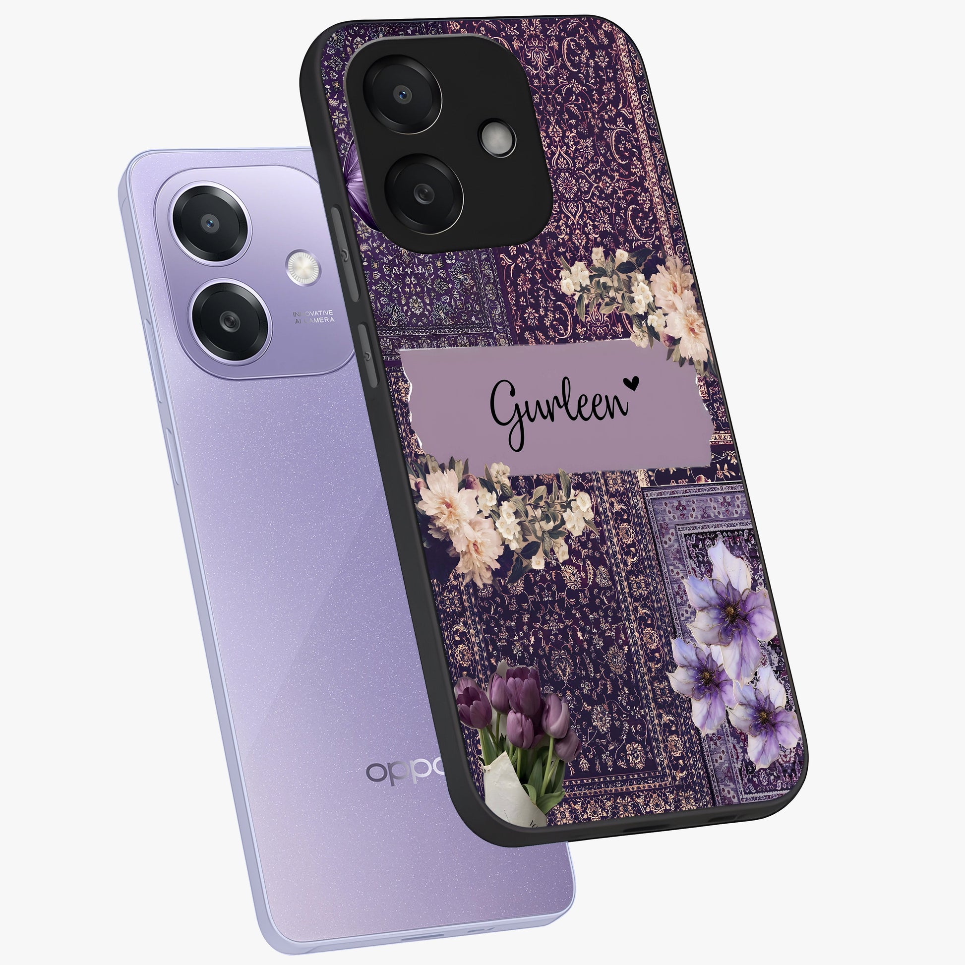 Antique Floral Whisper Custom Name Glass Case displayed in angled mockup highlighting elegant antique floral aesthetic.