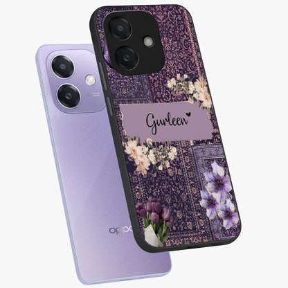 Antique Floral Whisper Custom Name Glass Case displayed in angled mockup highlighting elegant antique floral aesthetic.