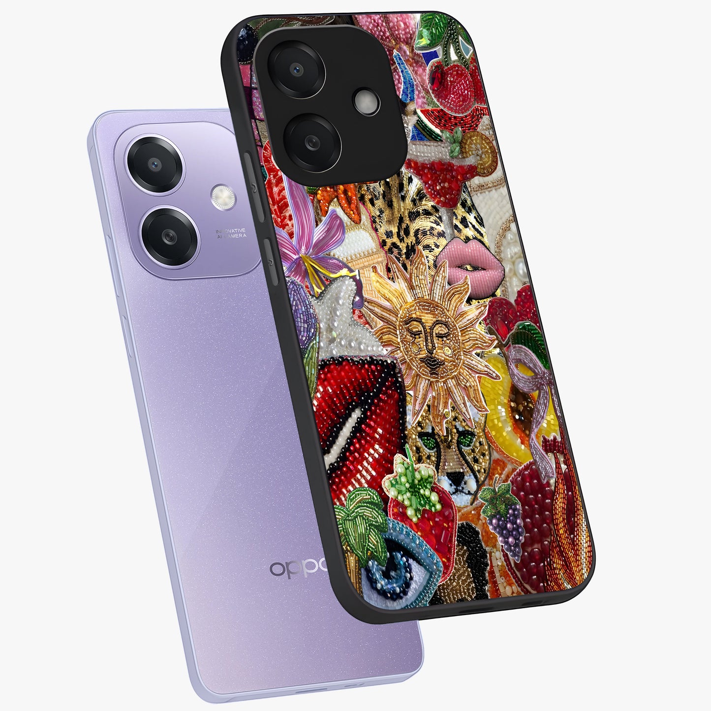 Beaded Fashion Jungle Glass Case displayed in angled mockup highlighting colorful fashion bead design and artistic pattern.
