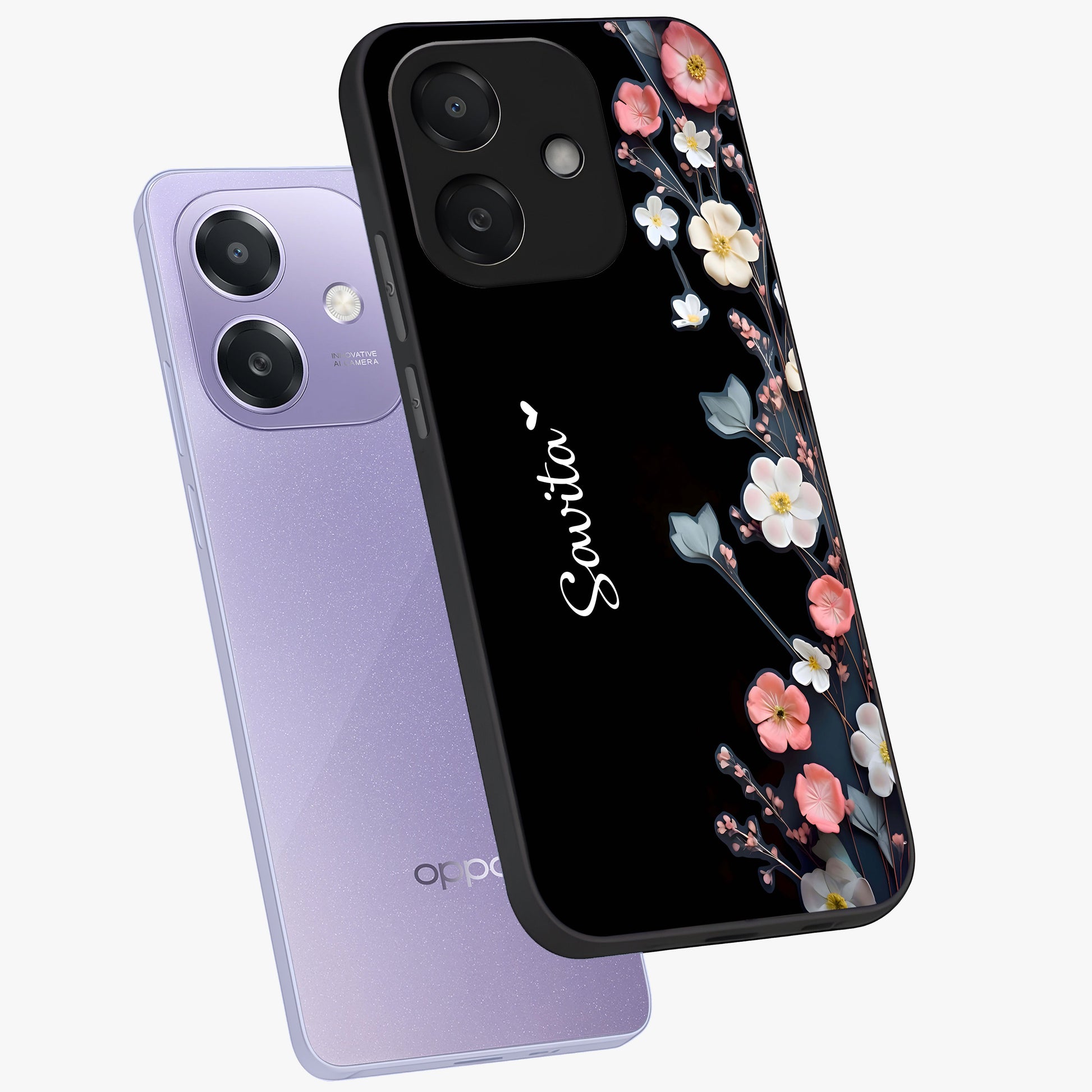 Black Elegance Floral Custom Name Glass Case displayed in angled mockup highlighting dark floral aesthetic and custom name feature.