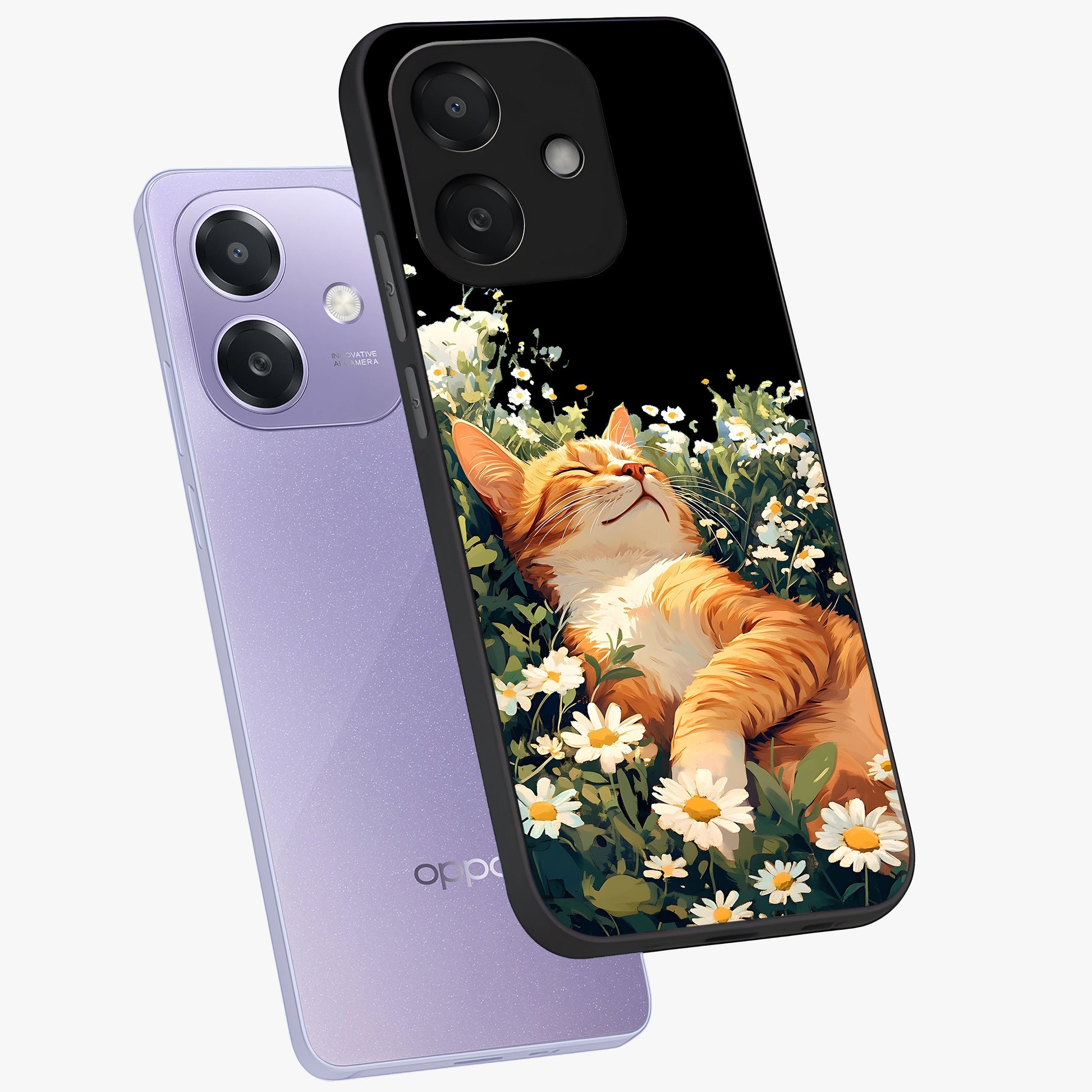 Blissful Bloom Cat Glass Case displayed in angled mockup highlighting playful feline illustration with soft floral aesthetic.