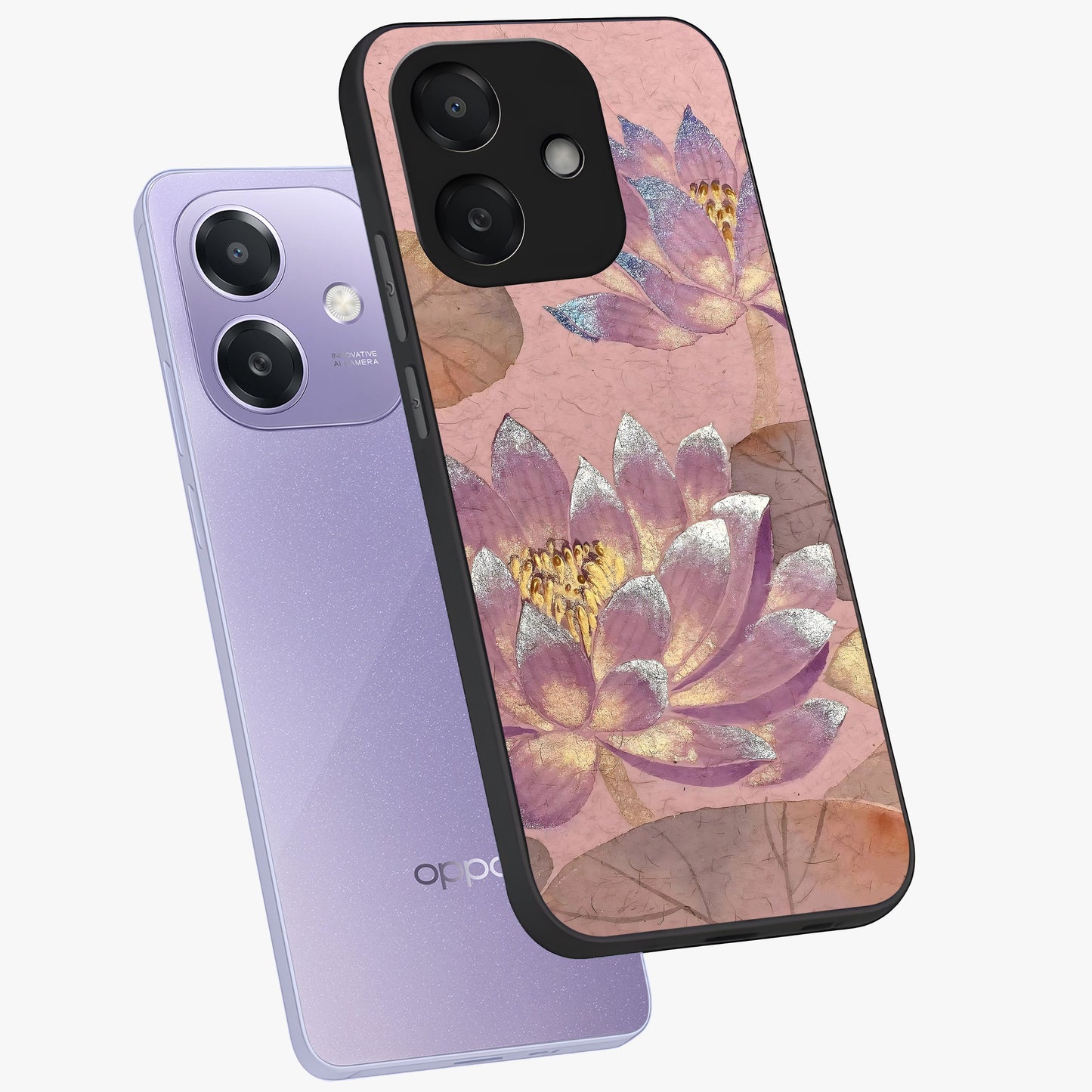 Blossom Mist Lotus Glass Case displayed in angled mockup highlighting delicate lotus illustration with calm aesthetic theme.