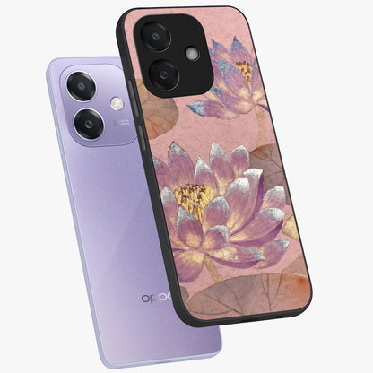 Blossom Mist Lotus Glass Case displayed in angled mockup highlighting delicate lotus illustration with calm aesthetic theme.