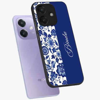 Blue Vintage Floral Pattern Glass Case displayed in angled mockup highlighting subtle bloom pattern with aesthetic pastel design.