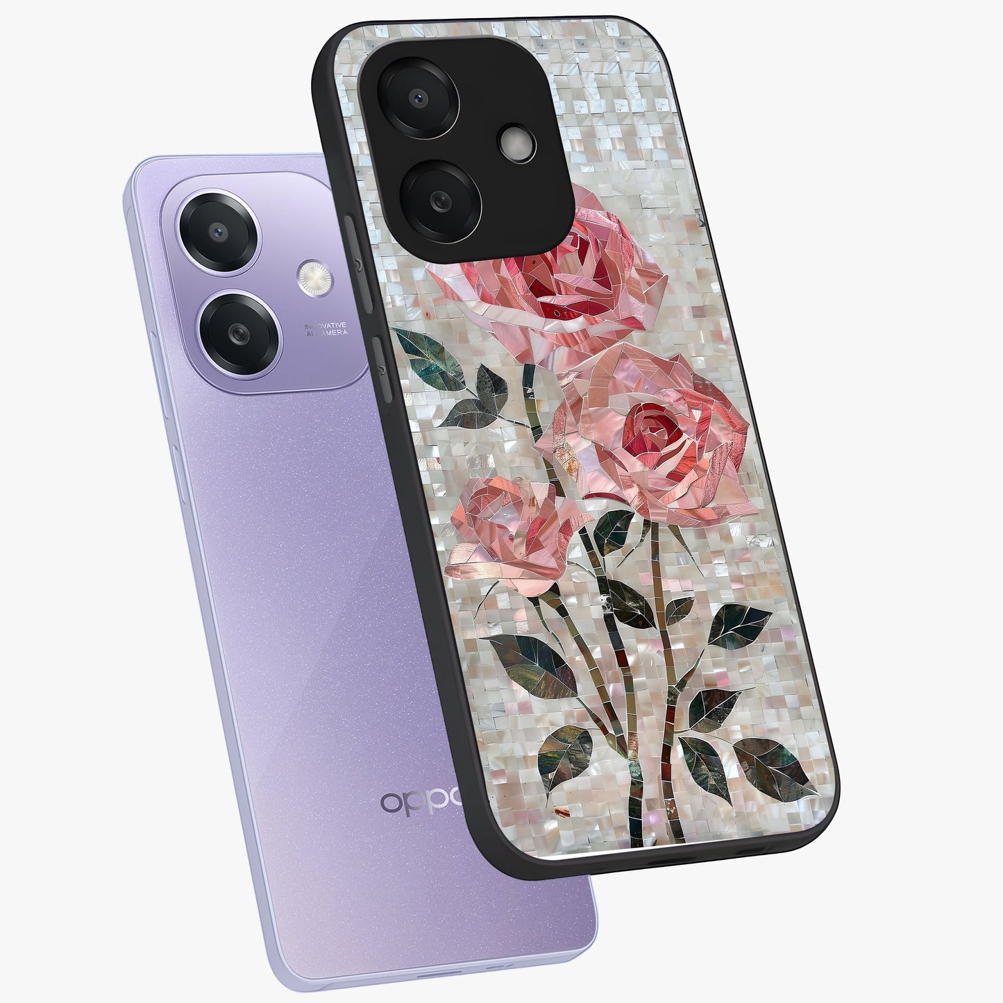 Blush Mosaic Bloom Glass Case displayed in angled mockup highlighting artistic mosaic flower pattern with aesthetic design.
