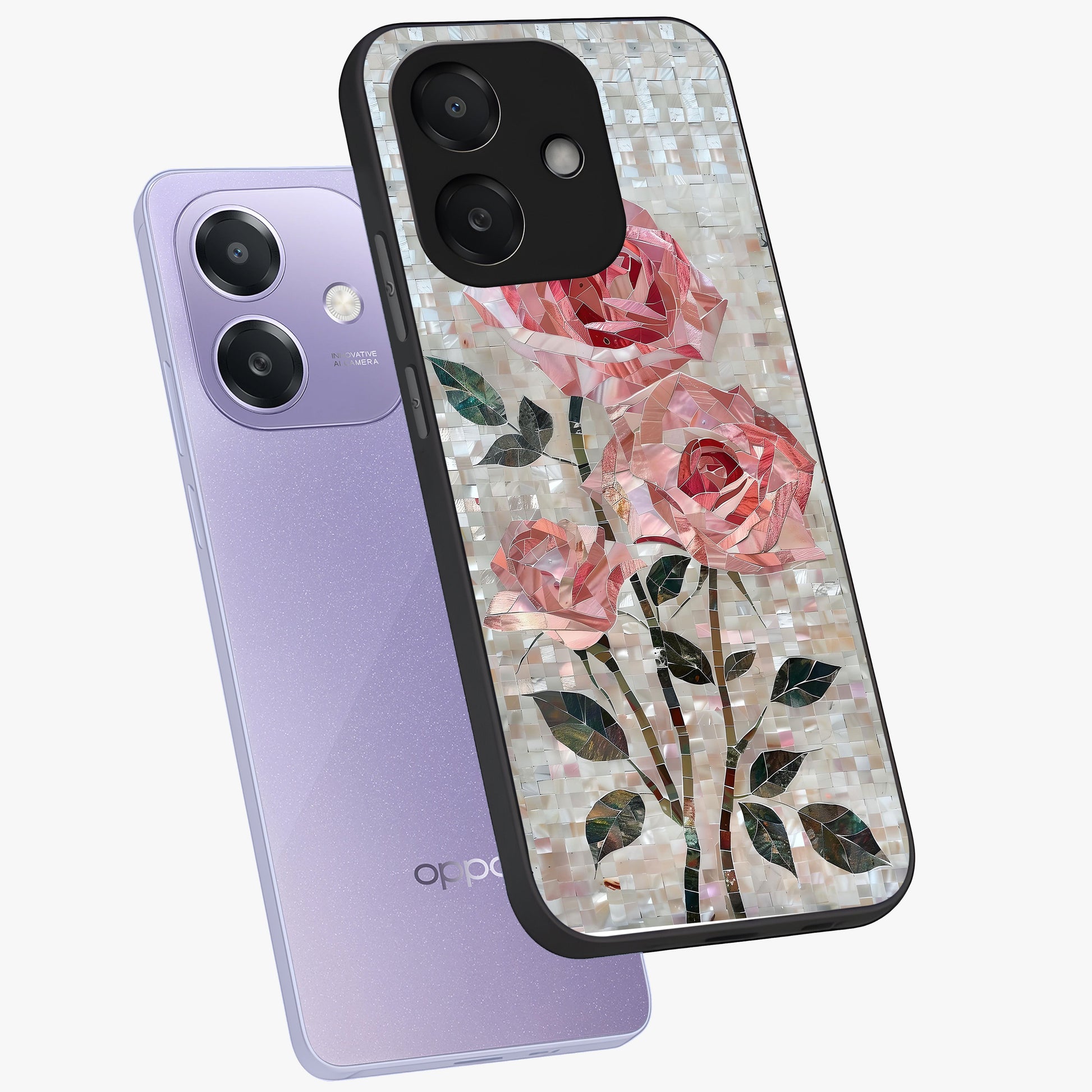 Blush Mosaic Bloom Glass Case displayed in angled mockup highlighting artistic mosaic flower pattern with aesthetic design.