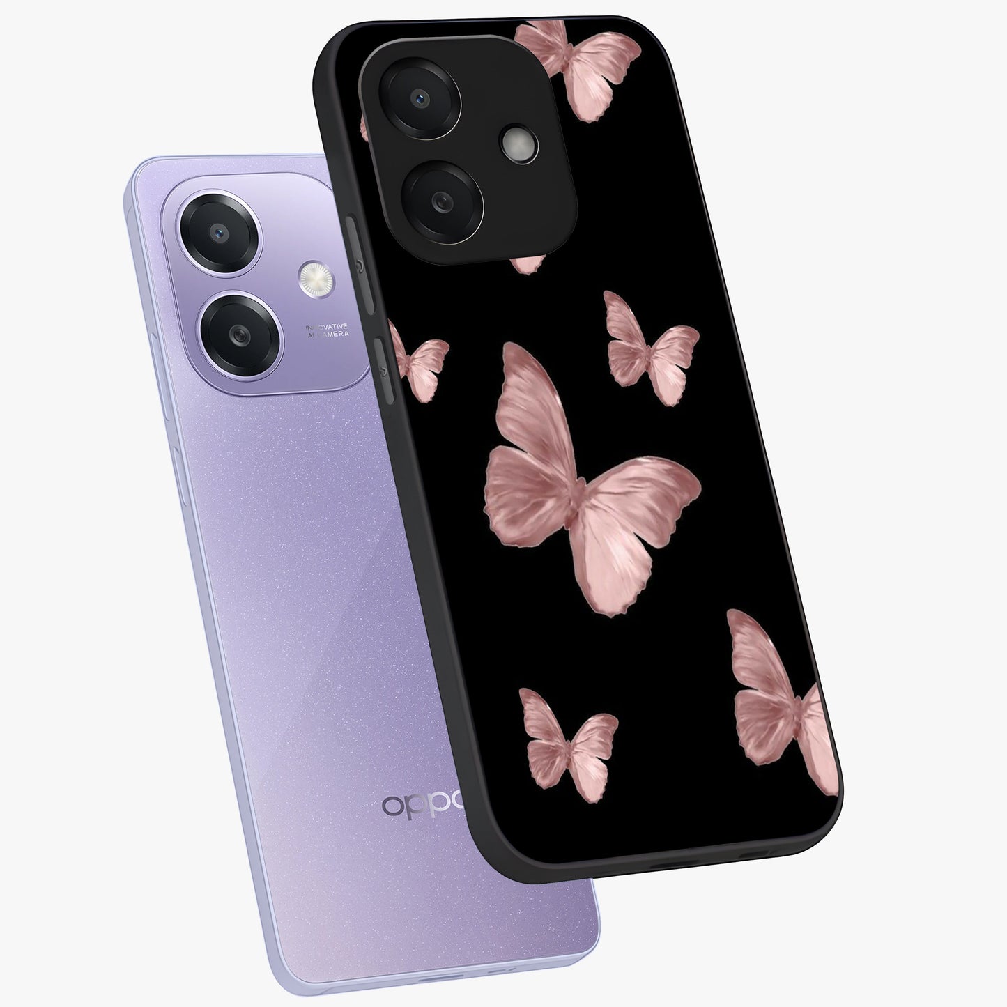 Butterfly Pattern Glass Case displayed in angled mockup highlighting delicate butterfly design and aesthetic pattern style.